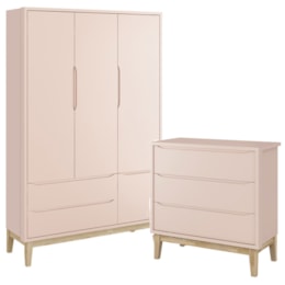 Jogo de Quarto Classic Guarda Roupa 3 Portas e Cômoda 3 Gavetas Rosa Fosco com Pés Madeira Natural - Reller Móveis Jogo de Quarto Classic Guarda Roupa 3 Portas e Cômoda 3 Gavetas Rosa Fosco com Pés Madeira Natural - Reller Móveis