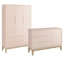 Jogo de Quarto Classic Guarda Roupa 3 Portas e Cômoda Rosa Fosco com Pés Madeira Natural - Reller Móveis Jogo de Quarto Classic Guarda Roupa 3 Portas e Cômoda Rosa Fosco com Pés Madeira Natural - Reller Móveis