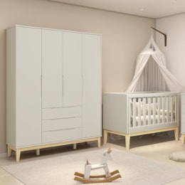 Jogo de Quarto Classic Guarda Roupa Elfe e Berço Noah Areia com Pés Madeira Natural - Reller Móveis  Jogo de Quarto Classic Guarda Roupa Elfe e Berço Noah Areia com Pés Madeira Natural - Reller Móveis