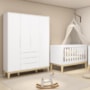 Jogo de Quarto Classic Guarda Roupa Elfe e Berço Noah Branco com Pés Madeira Natural - Reller Móveis