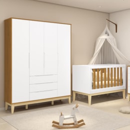 Jogo de Quarto Classic Guarda Roupa Elfe e Berço Noah Branco/Savana com Pés Madeira Natural - Reller Móveis  Jogo de Quarto Classic Guarda Roupa Elfe e Berço Noah Branco/Savana com Pés Madeira Natural - Reller Móveis