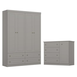 Jogo de Quarto com Roupeiro 4 Portas e Cômoda Americano Cinza - Móveis Henn