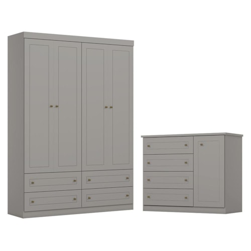 Jogo de Quarto com Roupeiro 4 Portas e Cômoda Americano Cinza - Móveis Henn