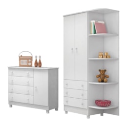 Jogo de Quarto Doce Sonho Guarda Roupa 2 Portas e Cômoda 1 Porta Branco com Pés - Qmovi Jogo de Quarto Doce Sonho Guarda Roupa 2 Portas e Cômoda 1 Porta Branco com Pés - Qmovi