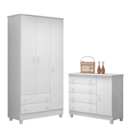 Jogo de Quarto Doce Sonho Guarda Roupa 3 Portas e Cômoda 1 Porta Branco com Pés - Qmovi Jogo de Quarto Doce Sonho Guarda Roupa 3 Portas e Cômoda 1 Porta Branco com Pés - Qmovi