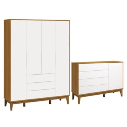 Jogo de Quarto Elfe Classic Guarda Roupa e Cômoda 1 Porta Branco/Savana com Pés Amadeirado - Reller Móveis  Jogo de Quarto Elfe Classic Guarda Roupa e Cômoda 1 Porta Branco/Savana com Pés Amadeirado - Reller Móveis