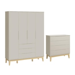 Jogo de Quarto Elfe Classic Guarda Roupa e Cômoda Areia Fosco Pés Madeira Natural - Reller Móveis Jogo de Quarto Elfe Classic Guarda Roupa e Cômoda Areia Fosco Pés Madeira Natural - Reller Móveis