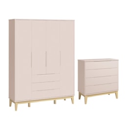 Jogo de Quarto Elfe Classic Guarda Roupa e Cômoda Rosa Fosco Pés Madeira Natural - Reller Móveis Jogo de Quarto Elfe Classic Guarda Roupa e Cômoda Rosa Fosco Pés Madeira Natural - Reller Móveis