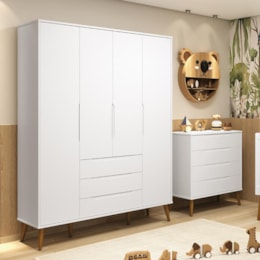 Jogo de Quarto Elfe Retrô Guarda Roupa e Cômoda Branco Fosco com Pés Amadeirado - Reller Móveis Jogo de Quarto Elfe Retrô Guarda Roupa e Cômoda Branco Fosco com Pés Amadeirado - Reller Móveis