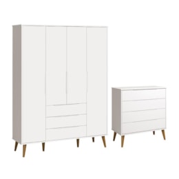 Jogo de Quarto Elfe Retrô Guarda Roupa e Cômoda Branco Fosco com Pés Amadeirado - Reller Móveis Jogo de Quarto Elfe Retrô Guarda Roupa e Cômoda Branco Fosco com Pés Amadeirado - Reller Móveis