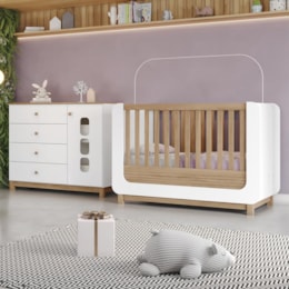 Jogo de Quarto Infantil Aconchego com Cômoda e Berço Branco/Jequitibá - Móveis Henn