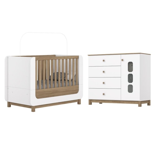 Jogo de Quarto Infantil Aconchego com Cômoda e Berço Branco/Jequitibá - Móveis Henn