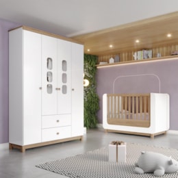 Jogo de Quarto Infantil Aconchego com Guarda Roupa e Berço Branco/Jequitibá - Móveis Henn