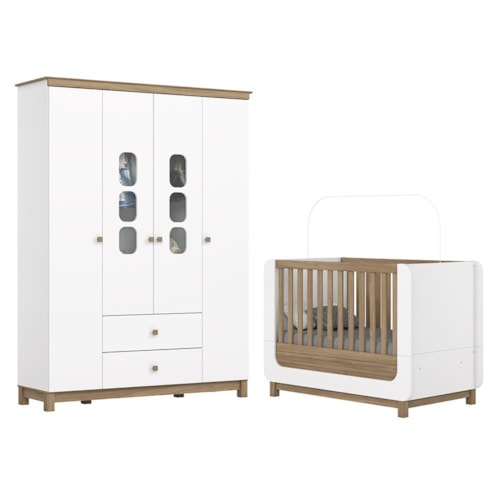 Jogo de Quarto Infantil Aconchego com Guarda Roupa e Berço Branco/Jequitibá - Móveis Henn