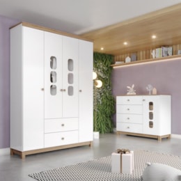 Jogo de Quarto Infantil Aconchego com Guarda Roupa e Cômoda Branco/Jequitibá - Móveis Henn