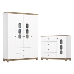 Jogo de Quarto Infantil Aconchego com Guarda Roupa e Cômoda Branco/Jequitibá - Móveis Henn