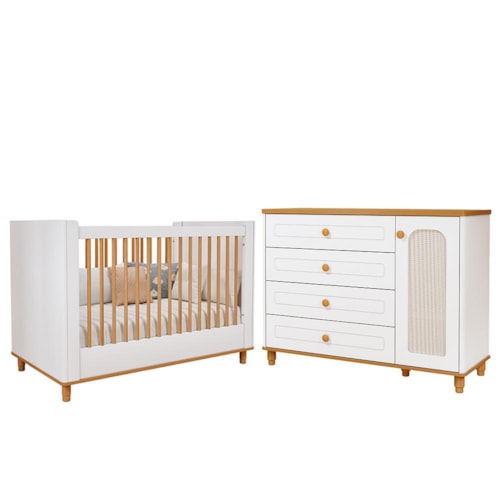 Jogo de Quarto Infantil Alfajor Cômoda 1 Porta e Berço Branco Acetinado/Nature - Permóbili Baby