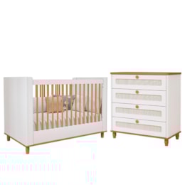 Jogo de Quarto Infantil Alfajor Cômoda 4 Gavetas e Berço Branco Acetinado/Nature - Permóbili Baby