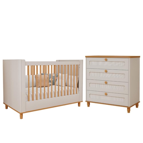 Jogo de Quarto Infantil Alfajor Cômoda 4 Gavetas e Berço Off White/Nature - Permóbili Baby