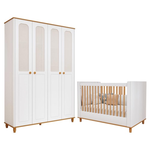 Jogo de Quarto Infantil Alfajor Guarda Roupa e Berço Branco Acetinado/Nature - Permóbili Baby