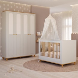 Jogo de Quarto Infantil Alfajor Guarda Roupa e Berço Off White/Nature - Permóbili Baby