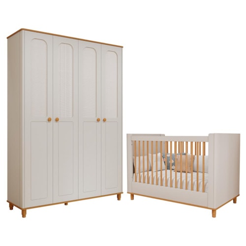 Jogo de Quarto Infantil Alfajor Guarda Roupa e Berço Off White/Nature - Permóbili Baby