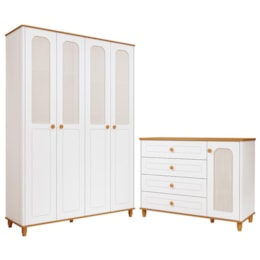 Jogo de Quarto Infantil Alfajor Guarda Roupa e Cômoda 1 Porta e 4 Gavetas Branco Acetinado/Nature - Permóbili Baby