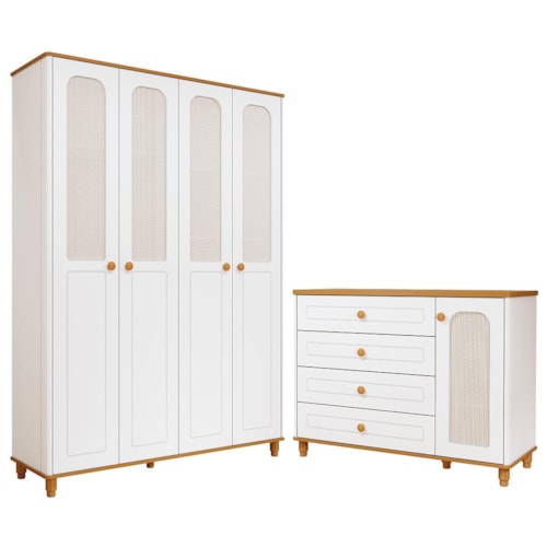 Jogo de Quarto Infantil Alfajor Guarda Roupa e Cômoda 1 Porta e 4 Gavetas Branco Acetinado/Nature - Permóbili Baby