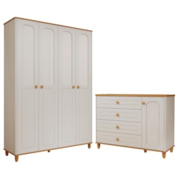Jogo de Quarto Infantil Alfajor Guarda Roupa e Cômoda 1 Porta e 4 Gavetas Off White/Nature - Permóbili Baby