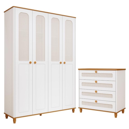 Jogo de Quarto Infantil Alfajor Guarda Roupa e Cômoda 4 Gavetas Branco Acetinado/Nature - Permóbili Baby