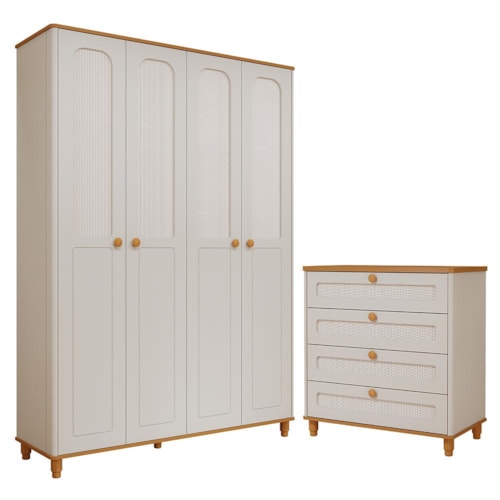 Jogo de Quarto Infantil Alfajor Guarda Roupa e Cômoda 4 Gavetas Off White/Nature - Permóbili Baby