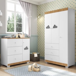 Jogo de Quarto Infantil Ane com Guarda Roupa 3 Portas e Cômoda Branco/Carvalho - Phoenix Baby