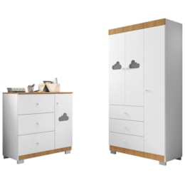 Jogo de Quarto Infantil Ane com Guarda Roupa 3 Portas e Cômoda Branco/Carvalho - Phoenix Baby