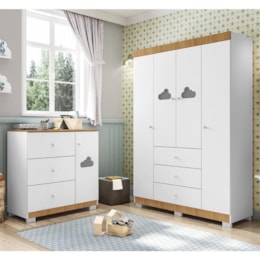 Jogo de Quarto Infantil Ane com Guarda Roupa e Cômoda Branco/Carvalho - Phoenix Baby
