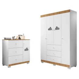 Jogo de Quarto Infantil Ane com Guarda Roupa e Cômoda Branco/Carvalho - Phoenix Baby