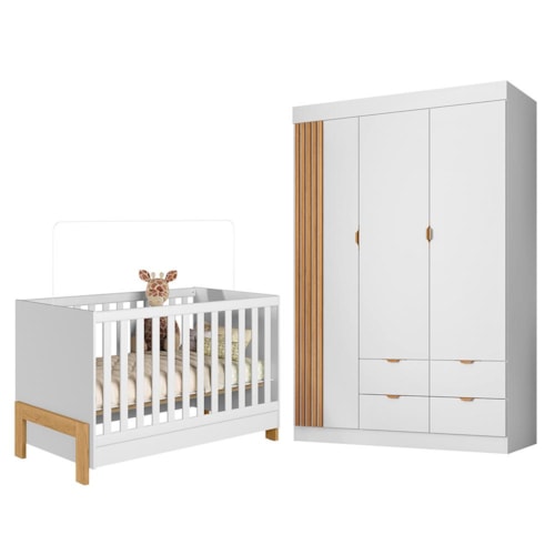 Jogo de Quarto Infantil Ayla com Guarda Roupa e Berço Branco Acetinado - Phoenix Baby