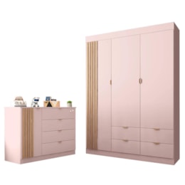 Jogo de Quarto Infantil Ayla com Guarda Roupa e Cômoda Rosê Acetinado - Phoenix Baby