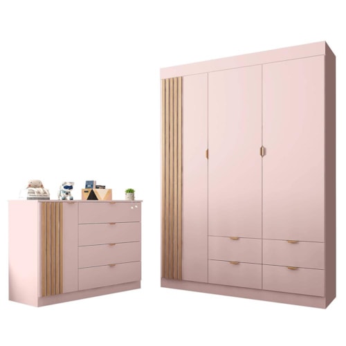 Jogo de Quarto Infantil Ayla com Guarda Roupa e Cômoda Rosê Acetinado - Phoenix Baby