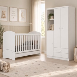 Jogo de Quarto Infantil Bala de Menta com Guarda Roupa e Berço Branco - Móveis Henn
