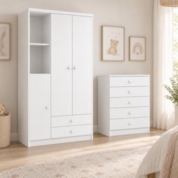 Jogo de Quarto Infantil Bala de Menta com Guarda Roupa e Cômoda Branco - Móveis Henn