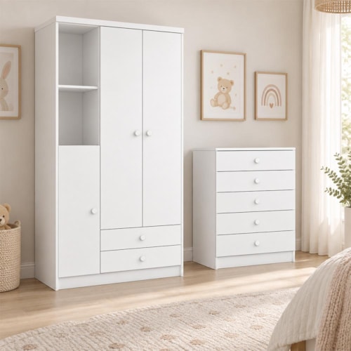 Jogo de Quarto Infantil Bala de Menta com Guarda Roupa e Cômoda Branco - Móveis Henn