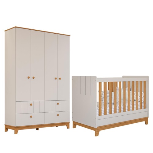 Jogo de Quarto Infantil Biscoito Guarda Roupa e Berço Off White/Nature - Permóbili Baby