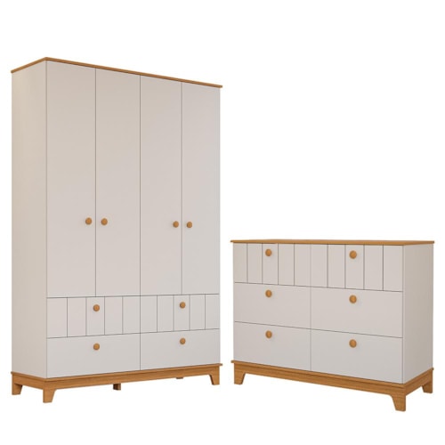 Jogo de Quarto Infantil Biscoito Guarda Roupa e Cômoda 6 Gavetas Off White/Nature - Permóbili Baby