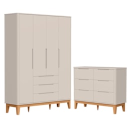 Jogo de Quarto Infantil Boom Classic Guarda Roupa 4 Portas e Cômoda 6 Gavetas Areia Fosco com Pés Amadeirado - Reller Móveis