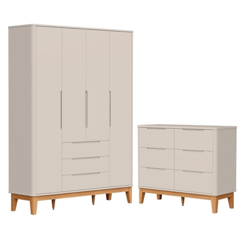 Jogo de Quarto Infantil Boom Classic Guarda Roupa 4 Portas e Cômoda 6 Gavetas Areia Fosco com Pés Amadeirado - Reller Móveis