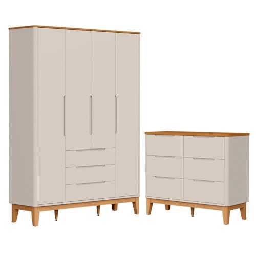 Jogo de Quarto Infantil Boom Classic Guarda Roupa 4 Portas e Cômoda 6 Gavetas Areia Fosco/Savana com Pés Amadeirado - Reller Móveis