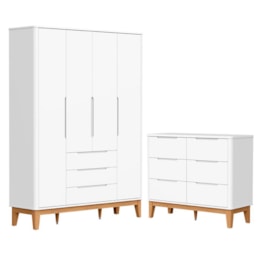 Jogo de Quarto Infantil Boom Classic Guarda Roupa 4 Portas e Cômoda 6 Gavetas Branco Fosco com Pés Amadeirado - Reller Móveis