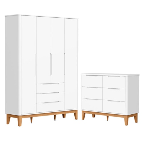 Jogo de Quarto Infantil Boom Classic Guarda Roupa 4 Portas e Cômoda 6 Gavetas Branco Fosco com Pés Amadeirado - Reller Móveis