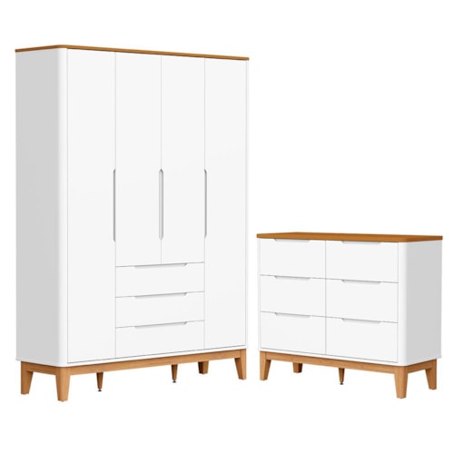 Jogo de Quarto Infantil Boom Classic Guarda Roupa 4 Portas e Cômoda 6 Gavetas Branco Fosco/Savana com Pés Amadeirado - Reller Móveis