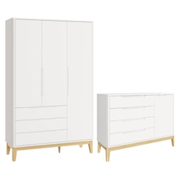 Jogo de Quarto Infantil Boom Classic Guarda Roupa e Cômoda 1 Porta Branco Fosco com Pés Madeira Natural - Reller Móveis Jogo de Quarto Infantil Boom Classic Guarda Roupa e Cômoda 1 Porta Branco Fosco com Pés Madeira Natural - Reller Móveis